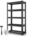 Heavy Duty 5 Tier Garage Shelving Unit 72 Inch High Adjustable Metal Rack For Tools And Gear Pro DIY Storage, black steel shelving with gloves and mallet