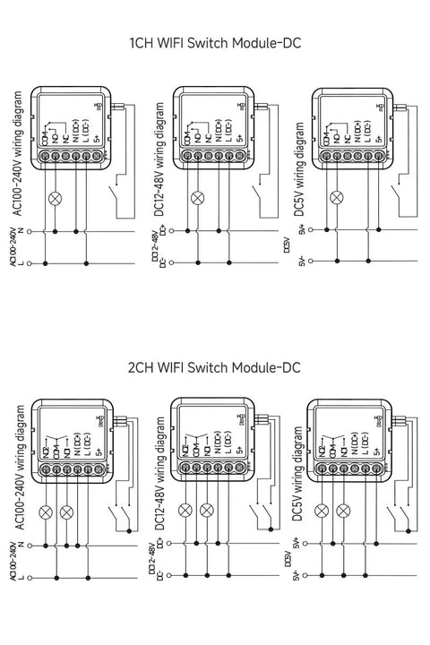 Two Channel WiFi Relay Switch Module With Tuya Smart Life App Dry Contact Output Works With Alexa And Google Home 5V DC Or 12 24V DC Input 110 240V AC Power Range For Garage Doors Lights And Home Automation ABS Case Included wiring diagram