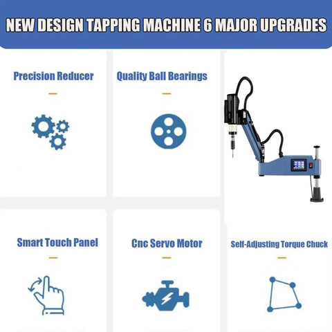 Qugurlid Electric Tapping Machine Flex Arm with 8 Collets, 600W Motor, features upgrades like precision reducer and smart touch panel.