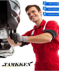 Automotive coolant temperature sensor TAMKKEN; mechanic in red coveralls working on a car’s undercarriage.
