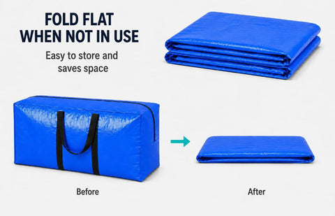 Monster Size Waterproof Moving Storage Duffel Bag folded and unfolded, showcasing space-saving capability