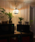 Boho Hanging Plug In Lamp With Dimmable 16.4 Ft Cord Rustic White Crystal Swag Pendant Light For Bedroom Dining Room Living Room and Corner Decor For Cozy Vibe Mood, illuminating a cozy room with potted plants.
