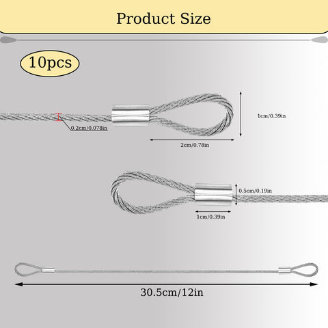 Product size diagram of stainless steel wire cable with loops, 12 inch vinyl coated, 7x7 strand, heavy duty security cable, 10pcs.