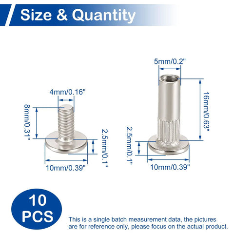 Ten Pack Furniture Joint Connector Bolts And Connecting Nut Sets With Sixteen Millimeter Sleeves dimensions and sizes for furniture repair.