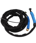 Pro Grade TIG Welding Torch With 4 Meter Cable Length Flexible Torsion Gun For Welders And Cutters, shown coiled, black and blue design.