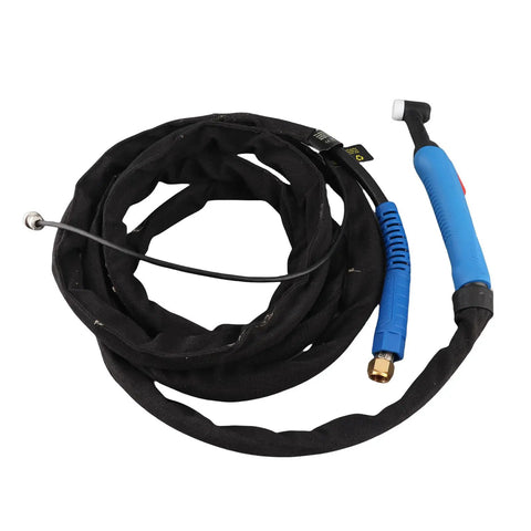 Pro Grade TIG Welding Torch With 4 Meter Cable Length Flexible Torsion Gun For Welders And Cutters, shown coiled, black and blue design.