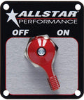 Allstar Performance battery disconnect switch panel with red toggle, OFF/ON, front view