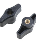 Four Pack Quarter Twenty Thru Knobs For T Track Woodworking Jigs featuring durable black ergonomic knobs with 1/4 20 threaded inserts.
