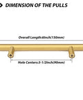 10 Pack Brushed Brass Finish Stainless Steel Cabinet Handles And Drawer Pulls For Kitchen And Bathroom Cupboards, 6 Inch Overall Length, Three And One Half Inch Hole Centers, 12mm Diameter, 32mm Projection, Durable Modern Hardware dimensions