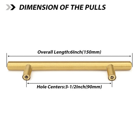 10 Pack Brushed Brass Finish Stainless Steel Cabinet Handles And Drawer Pulls For Kitchen And Bathroom Cupboards, 6 Inch Overall Length, Three And One Half Inch Hole Centers, 12mm Diameter, 32mm Projection, Durable Modern Hardware dimensions