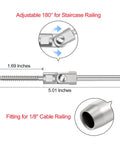 Upgraded 40 Pack T316 Stainless Steel 180 Degree Adjustable Swage Lag Screws Left And Right For One Eighth Inch Wire Rope Cable Railing Kit Hardware For Wood Posts Marine Grade, screw dimensions labeled 1.69 x 5.01 inches, for 1/8 inch cable railing.