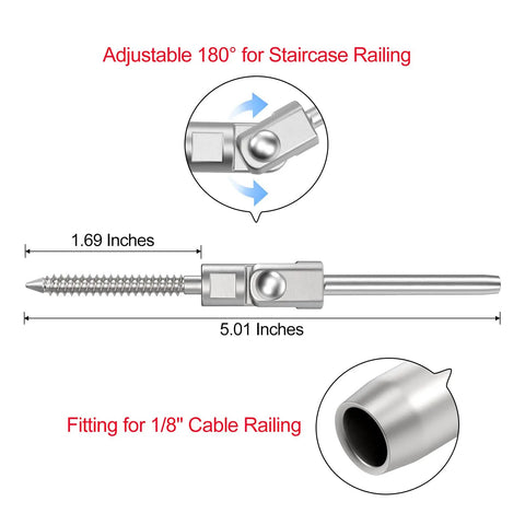 Upgraded 40 Pack T316 Stainless Steel 180 Degree Adjustable Swage Lag Screws Left And Right For One Eighth Inch Wire Rope Cable Railing Kit Hardware For Wood Posts Marine Grade, screw dimensions labeled 1.69 x 5.01 inches, for 1/8 inch cable railing.