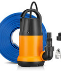 Hella Strong Submersible Sump Pump And Portable Utility Water Transfer Setup With 25 Foot Hose and accessories for fluid removal.