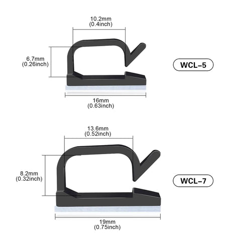 Side view of black adhesive cable clips with dimensions, part of Adhesive Cable Clips 120 Pcs Black, Heavy Duty Wire Organizer For USB And Ethernet Cables.