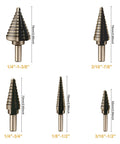 Heavy Duty 5 Piece Titanium Coated Step Drill Bit Set For Wood Plastic Aluminum With High Speed Steel Bits Cone Unibit Drills Dual Flute 118 Degree Split Point Built For DIYers And Multi Size Hole Cutting, image showing various sizes of titanium-coated drill bits with measurements labeled.