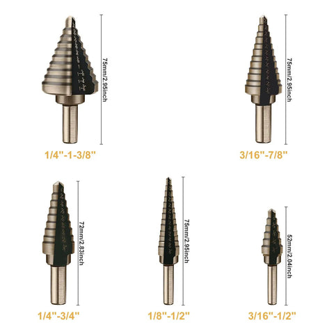 Heavy Duty 5 Piece Titanium Coated Step Drill Bit Set For Wood Plastic Aluminum With High Speed Steel Bits Cone Unibit Drills Dual Flute 118 Degree Split Point Built For DIYers And Multi Size Hole Cutting, image showing various sizes of titanium-coated drill bits with measurements labeled.