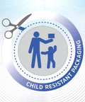 Child resistant packaging illustration with scissors and parent handing a box to a child for Heavy Hitters Cr2032 3V Lithium Coin Batteries 10 Pack.