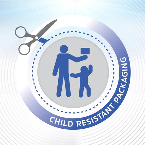 Child resistant packaging illustration with scissors and parent handing a box to a child for Heavy Hitters Cr2032 3V Lithium Coin Batteries 10 Pack.