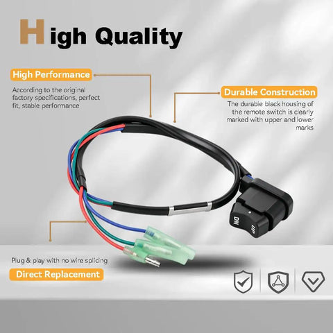 Power Boat Trim And Tilt Switch Assembly For Outboard Remote Control Box Drop In Ready To Install Plug And Play Replacement For Mercury Mariner Models 87-16991A1 87-18286A2 87-18286A26 And 87-18286A43, black switch with colorful wires on gray background