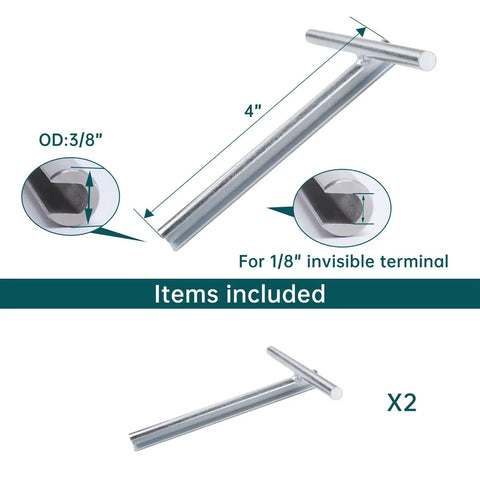 2 Pack Beefed Up Custom Socket Wrench For One Eighth Inch Invisible Cable Railing Kit Hardware Hidden Tensioner On Wood And Metal Posts For Cable Railing System CT16 showing dimensions and included items.