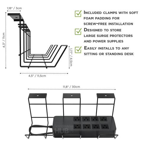 Under Desk Cable Management Tray With Clamps No Drill Cord Organizer dimensions and installation details black wire model