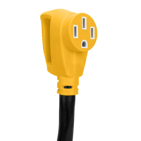 Yellow plug section of Power Grip 30-Foot 50-Amp Camper RV Extension Cord With Copper 6/3 And 8/1 Gauge Wires Rated 125/250 V
