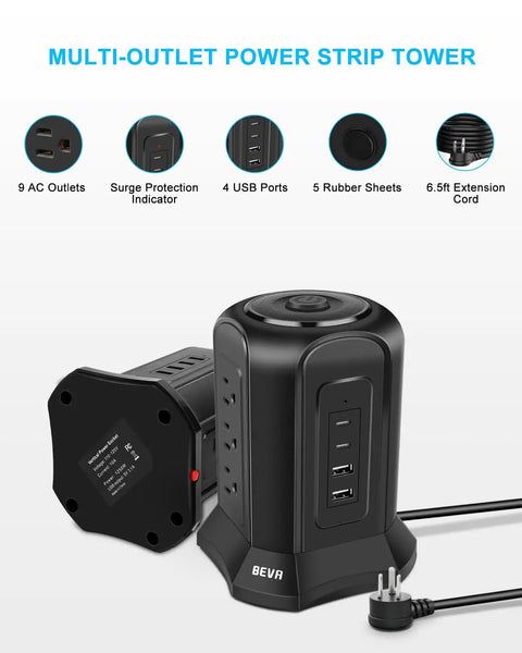 13 In 1 Tower Surge Protector with USB Charging Station 9 AC Outlets and 4 Smart USB Ports, 6.5 ft Cord, black design.