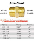 Size chart for brass hex nipple pipe fittings with 3/4 NPT thread, showing OD dimensions for accurate fitting and connection in plumbing systems.