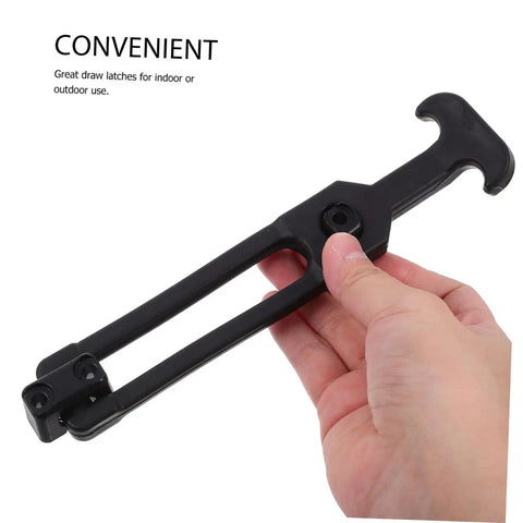 Hand holding a black rubber T-handle draw latch from Three Set Pack Rubber T-Handle Draw Latches Flexible Hasp For Tool Boxes, Coolers, And Engineering Machines Vibration Absorbing Easy Install Locking Latches For Secure Lids And Compartments In Tough Work Environments.