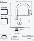 Dimensions and specifications of IKEBANA Black Kitchen Faucet with Pull Down Sprayer, including mounting options and measurements.