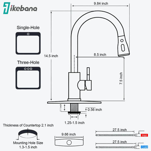 Dimensions and specifications of IKEBANA Black Kitchen Faucet with Pull Down Sprayer, including mounting options and measurements.