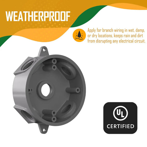 Weatherproof Round Electrical Outlet Box for One Half Inch or Three Quarter Inch Conduit, Five Hole Mount, gray PVC, UL certified