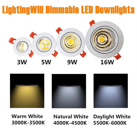 LightingWill dimmable LED downlights in various wattages with warm white to daylight color temperatures depicted.