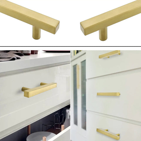 20 Pack 5 Inch Brushed Brass Cabinet Pulls T Bar Drawer Handles For Kitchen Cabinets And Cupboards, stainless steel, installed on drawers