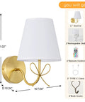 Zero Drilling Hassles Hit Different Vibe Bow Wireless Wall Sconces Set Of 2 Rechargeable Dimmable LED Night Lights with Remote Control, gold finish, white fabric shade, 11.02inch