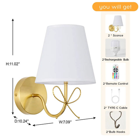 Zero Drilling Hassles Hit Different Vibe Bow Wireless Wall Sconces Set Of 2 Rechargeable Dimmable LED Night Lights with Remote Control, gold finish, white fabric shade, 11.02inch