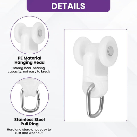 Zero Drama Dual Wheel Curtain Track Gliders 50 Piece Set Silent Rolling Hooks with PE material head and stainless steel ring.