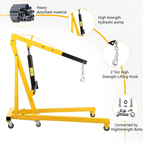 4000 LB Folding Engine Crane Beefy Steel Hoist Cherry Picker Portable Garage Lift For Auto Repair Workshop showing hydraulic pump and hook.