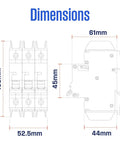 Dimensions diagram for UL 489 AC Miniature Circuit Breaker 3 Amp 3 Pole C Curve For 480Y 277V AC 10kA SCCR Thermal Magnetic Trip