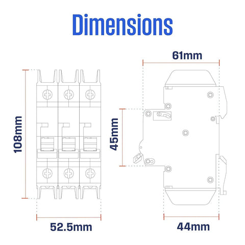 Dimensions diagram for UL 489 AC Miniature Circuit Breaker 3 Amp 3 Pole C Curve For 480Y 277V AC 10kA SCCR Thermal Magnetic Trip