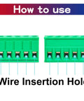 Two Sets 5.08mm Phoenix Screw Terminal Connector Set for PCB, green board showing wire insertion holes, labeled 1 to 5.