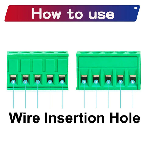 Two Sets 5.08mm Phoenix Screw Terminal Connector Set for PCB, green board showing wire insertion holes, labeled 1 to 5.