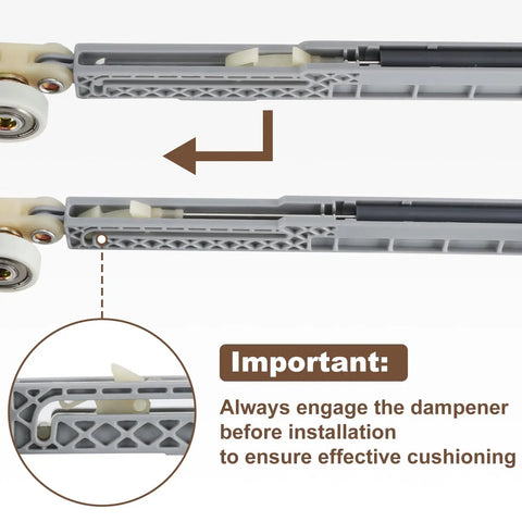 Heavy Duty Pocket Door Soft Close Bracket With One Inch Tri Wheel Hanger Rig showing installation details with damper mechanism.