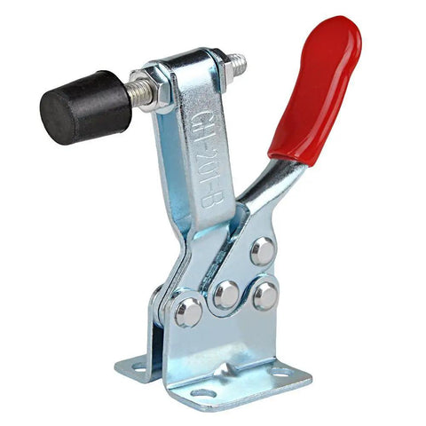 Medium Toggle Clamp Set, 4 Pack Red, 90 kg Holding Capacity, 198 lb, Cold Rolled Steel with Zinc Finish, Oil and Stain Resistant Grips, Adjustable Rubber Tips, Built For Woodworking, Metalworking And Jigs, one red-handled clamp