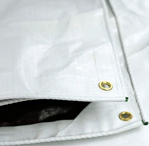 Close-up of 20 Foot By 20 Foot Beefy Tough As Nails Waterproof Tarp 16 Mil Thick White And Brown Reversible Cover with grommets