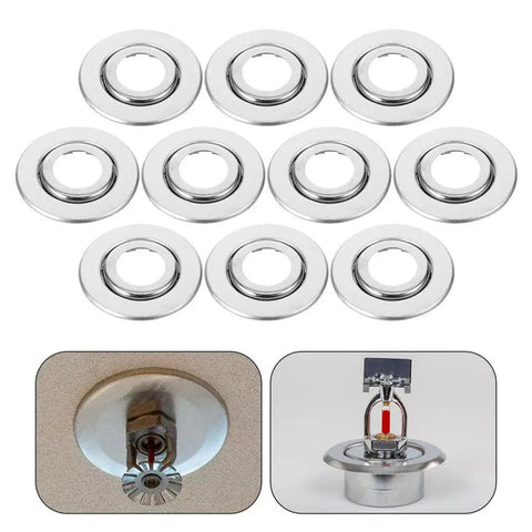 Double Disc Fire Sprinkler Cover Plates Stainless Steel Pipe Concealment Shield Masks showing 10 metallic caps for fire protection lines.