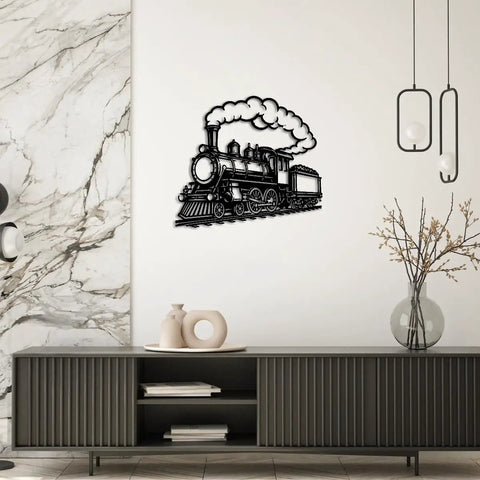Retro Steam Locomotive Wall Art For Living Room And Office, Industrial Style Decor, Dope Black 20 Inch Metal Sign on wall