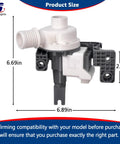 Heavy Duty Washer Drain Pump Replacement For Top Load Appliances showing dimensions 6.69in x 6.89in x 2.36in.