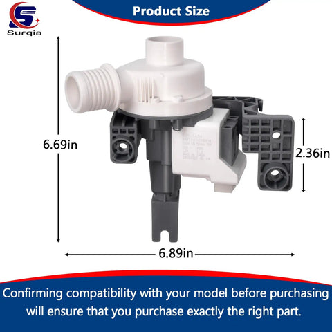 Heavy Duty Washer Drain Pump Replacement For Top Load Appliances showing dimensions 6.69in x 6.89in x 2.36in.