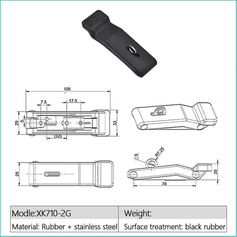 Rubber Cabinet Toggle Latch With Soft Pull Door Lock, Flexible Hidden Drawer Catch, black rubber, model XK710-2G, technical drawings
